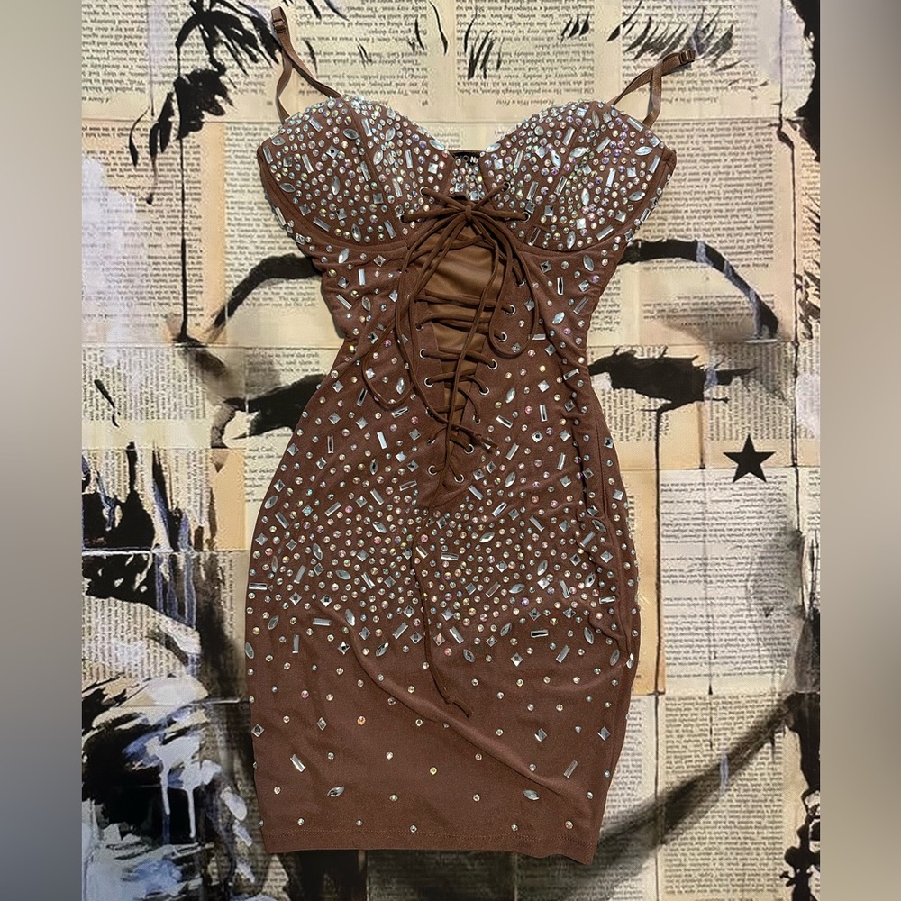 Mocha Brown Rhinestone Detail Mini Dress